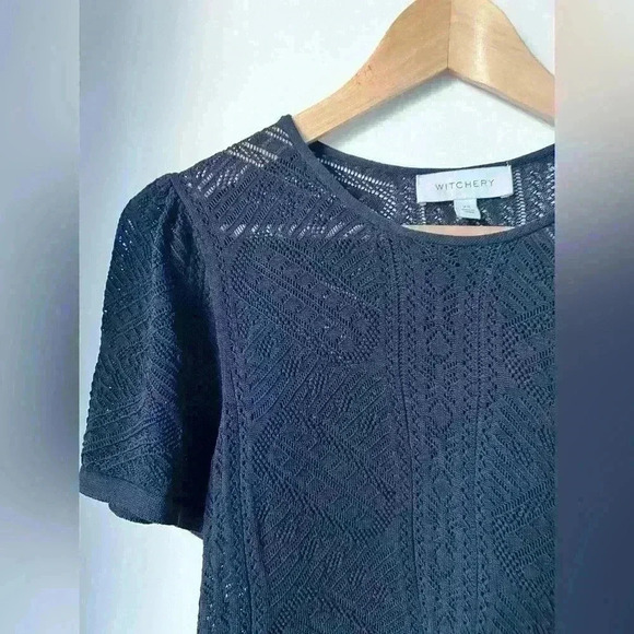Witchery Women’s Navy Blue Garden Girl Preppy Prep Sheer Puff Sleeve Top Small - Picture 9 of 14